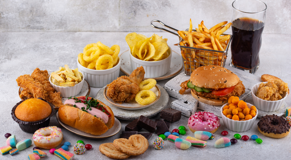 ハンバーガーやフライドチキン、ドーナツなど、大量のファストフードやスイーツが並べられている状況です。日々のストレスからくる暴飲暴食の誘惑や、【胃腸】に負担をかけてしまう不安感を表しています。